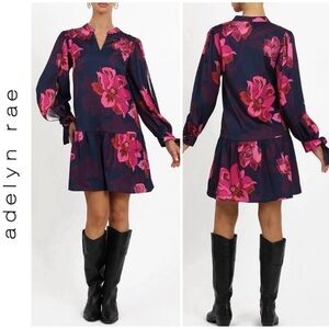 Adelyn Rae satin dress floral print, split long sleeve, size XL NWOT